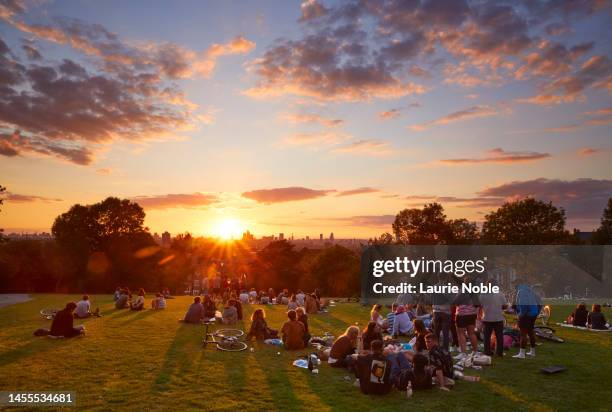 people sitting and talking at sunset, telegraph hill, london, gb - twilight picnic stock pictures, royalty-free photos & images