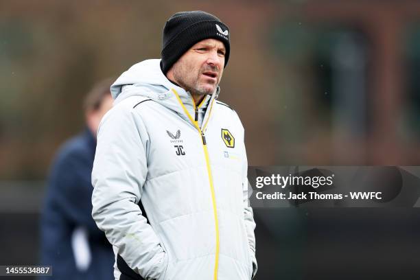 James Collins, Head Coach of Wolverhampton Wanderers looks on during the Premier League 2 match between Wolverhampton Wanderers U21 and Blackburn...