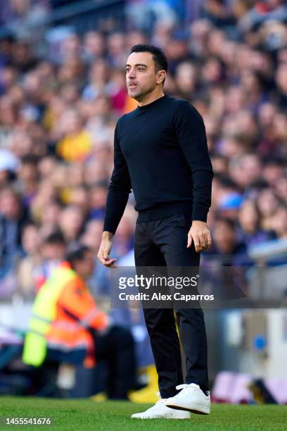 Head Coach Xavi Hernandez of FC Barcelona reacts during the LaLiga Santander match between FC Barcelona and RCD Espanyol at Spotify Camp Nou on...