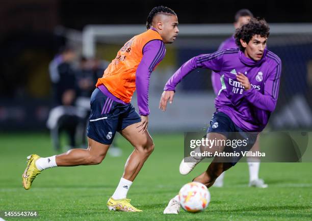 Mariano Diaz and Jesus Vallejo players of Real Madrid during training at Al Nassr FC Training Facility on January 10, 2023 in Riyadh, Saudi Arabia.