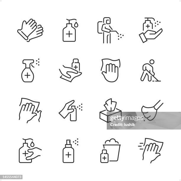 disinfection and cleaning - pixel perfect line icon set, editable stroke weight. - aerosol can stock illustrations