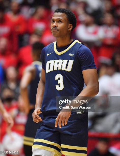 Max Abmas of the Oral Roberts Golden Eagles stands on the court during the second half of his team's game against the New Mexico Lobos at The Pit on...