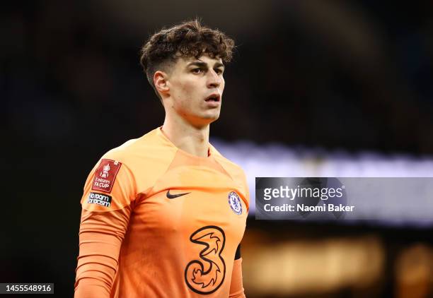 Kepa Arrizabalaga of Chelsea during the Emirates FA Cup Third Round match between Manchester City and Chelsea at Etihad Stadium on January 08, 2023...