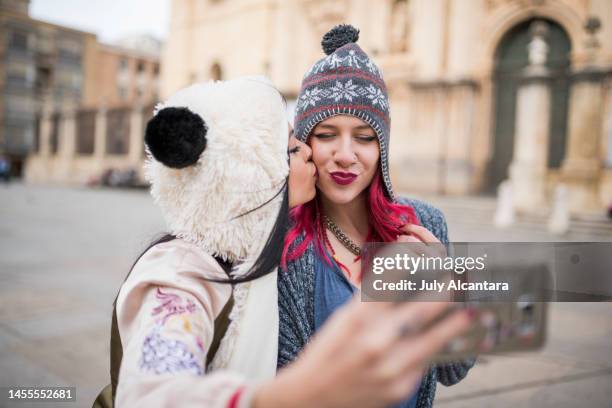 women in the city, love and selfie. kiss with lesbian or friendly  love. - photos of lesbians kissing stock pictures, royalty-free photos & images
