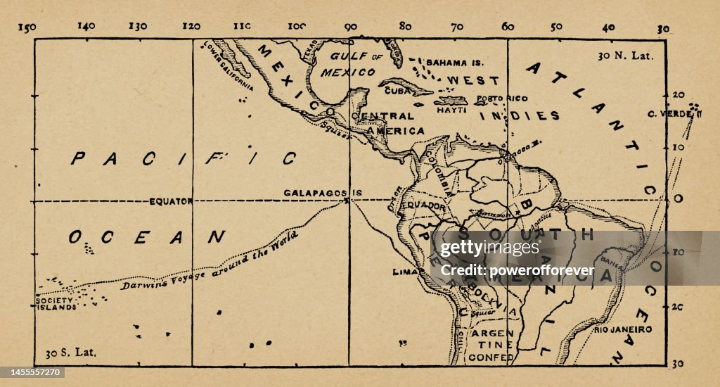 Map of South America Showing Charles Darwin’s Voyage Around the World on the HMS Beagle, Part 1 of 3 Tropic Zone Connecting Maps - 19th Century