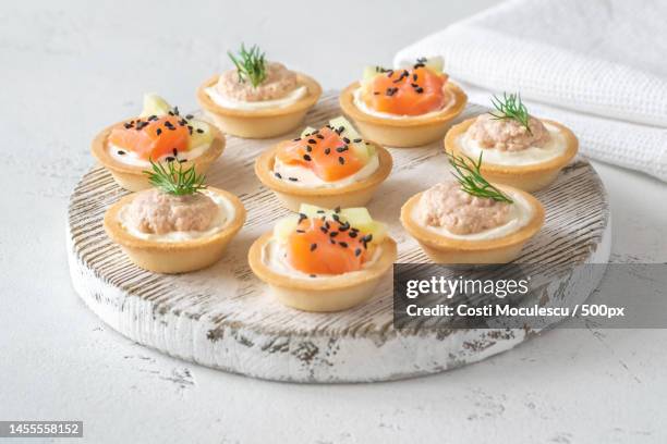 high angle view of dessert in tray on table,romania - tartlets caviar stock pictures, royalty-free photos & images