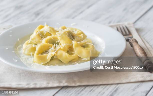 close-up of pasta in plate on table,romania - tortellini bildbanksfoton och bilder
