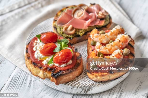 high angle view of food in plate on table,romania - crostini imagens e fotografias de stock