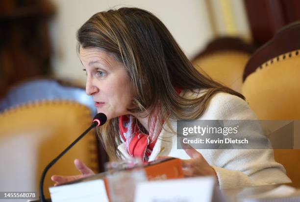 Deputy Prime Minister and Finance Minister of Canada Chrystia Freeland participates in a meeting with U.S. Treasury Secretary Janet Yellen at the...
