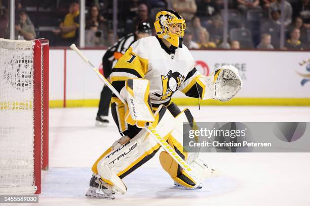 Goaltender Casey DeSmith of the Pittsburgh Penguins in action during the NHL game at Mullett Arena on January 08, 2023 in Tempe, Arizona. The...