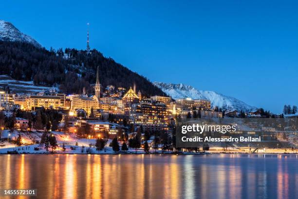 the blue hour of saint moritz, switzerland - st moritz stock pictures, royalty-free photos & images