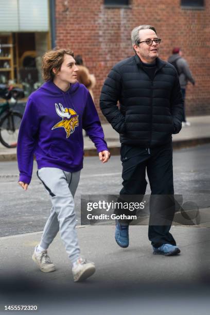 James Wilkie Broderick and Matthew Broderick are seen in the West Village on January 10, 2023 in New York City.