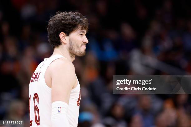 Cedi Osman of the Cleveland Cavaliers smiles during the game /aph at Footprint Center on January 08, 2023 in Phoenix, Arizona. The Cavaliers beat the...