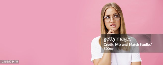 Nerd Insecure Studio Shot Of Insecure Smart Nerdy Woman In Glasses And White Tshirt ...