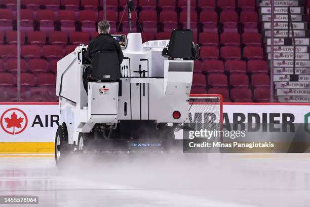 An ice resurfacing machine floods the rink prior to the game between the Montreal Canadiens and the Seattle Kraken at Centre Bell on January 9, 2023...