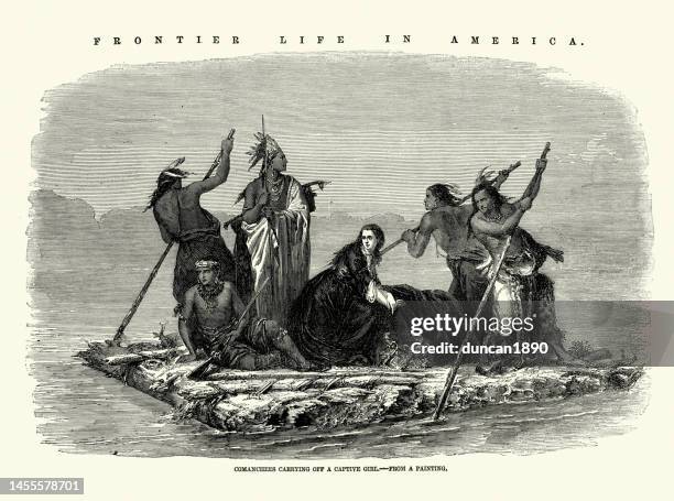 frontier life in the american wild west, comanches abducting a woman, 1850s, victorian 19th century - comanche stock illustrations