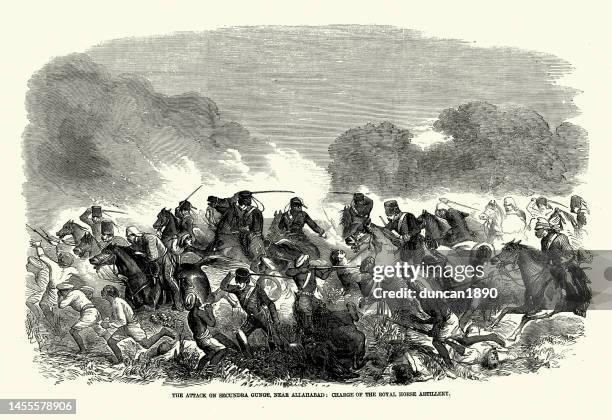 ilustrações de stock, clip art, desenhos animados e ícones de scenes from the indian rebellion, or sepoy mutiny of 1857, attack on secundra gunge, near allahabad, charge of the royal horse artillery - allahabad