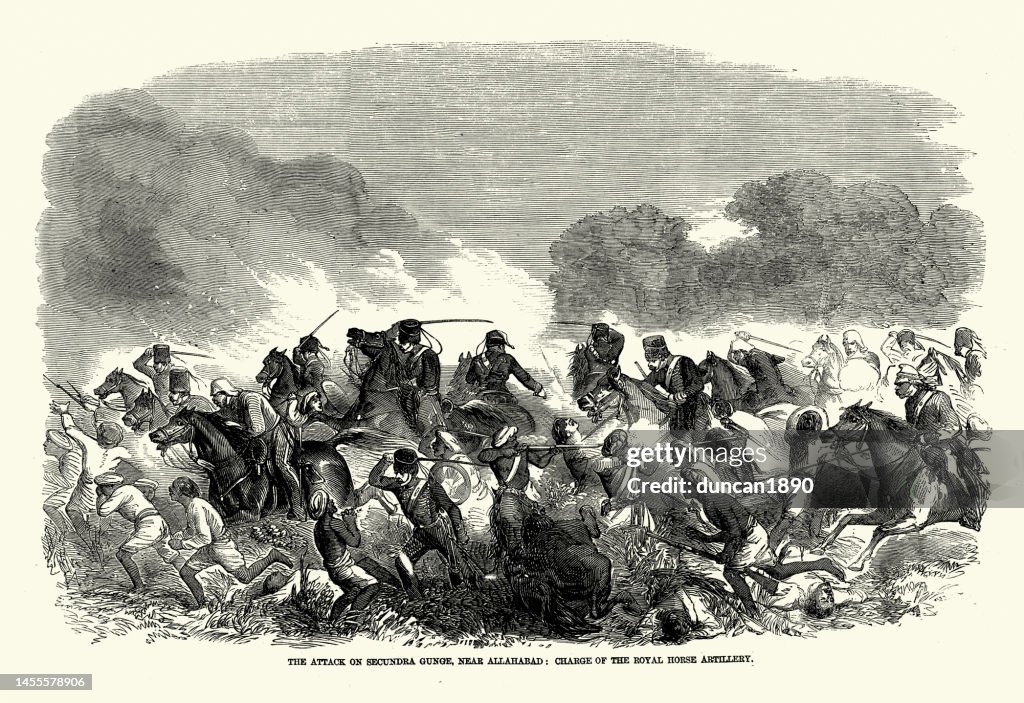 Scenes from the Indian Rebellion, or Sepoy Mutiny of 1857, Attack on Secundra Gunge, near Allahabad, Charge of the Royal Horse Artillery