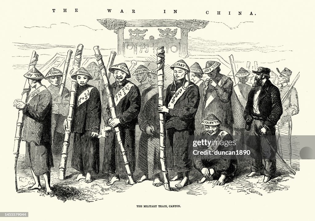 Scenes from the Second Opium War, Military Train, Chinese porters, Canton, 1850s, 19th Century