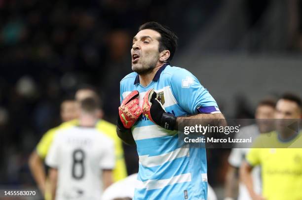 Gianluigi Buffon of Parma Calcio reacts during the Coppa Italia Round of 16 match between FC Internazionale and Parma Calcio at Stadio Giuseppe...