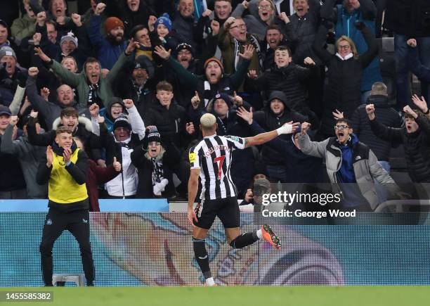 Joelinton of Newcastle United celebrates after scoring the team's second goal during the Carabao Cup Quarter Final match between Newcastle United and...