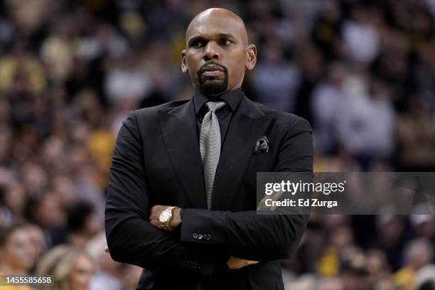 Head coach Jerry Stackhouse of the Vanderbilt Commodores watches his team against the Missouri Tigers at Mizzou Arena on January 07, 2023 in...