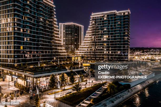 belgrade after sunset captured from a drone perspective - belgrade serbia stock pictures, royalty-free photos & images