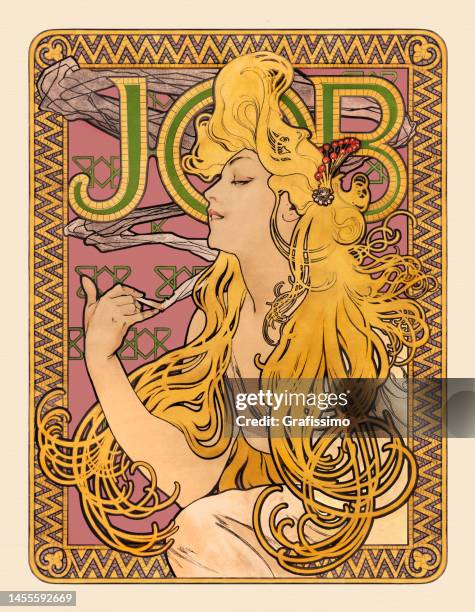 art nouveau billboard woman with golden hair smoking 1896 - vintage cigarette and smoking ads stock illustrations
