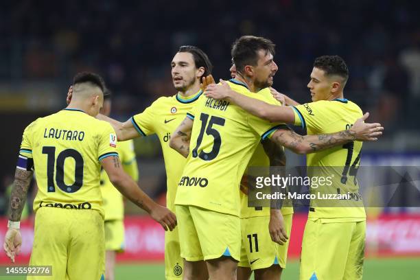 Francesco Acerbi of FC Internazionale celebrates with teammates after scoring the team's second goal during the Coppa Italia match between FC...