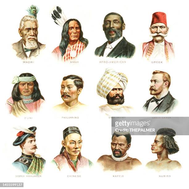 verschiedene kulturen und ethnien farblithographie 1888 - east asian culture stock-grafiken, -clipart, -cartoons und -symbole