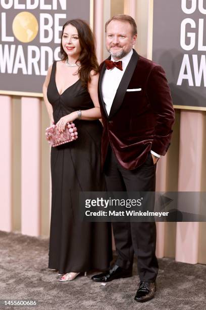 Karina Longworth and Rian Johnson attend the 80th Annual Golden Globe Awards at The Beverly Hilton on January 10, 2023 in Beverly Hills, California.