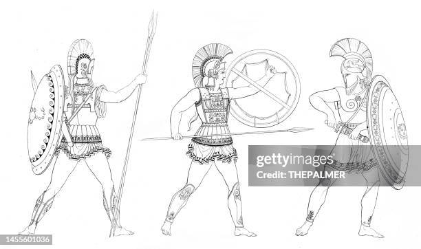greek warriors engraving 1897 - greece stock illustrations