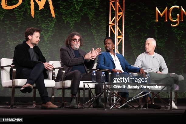 John Griffin, Jack Bender, Harold Perrineau and Jeff Pinkner speak on stage during MGM+ Television Critics Association Presentation at The Langham...