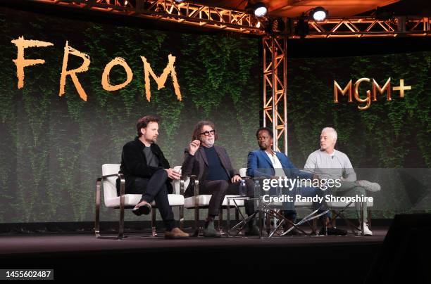 John Griffin, Jack Bender, Harold Perrineau and Jeff Pinkner speak on stage during MGM+ Television Critics Association Presentation at The Langham...