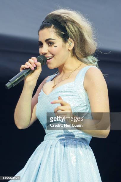 Marina Lambrini Diamandis of Marina and the Diamonds performs on stage supporting Coldplay at Emirates Stadium on June 1, 2012 in London, United...