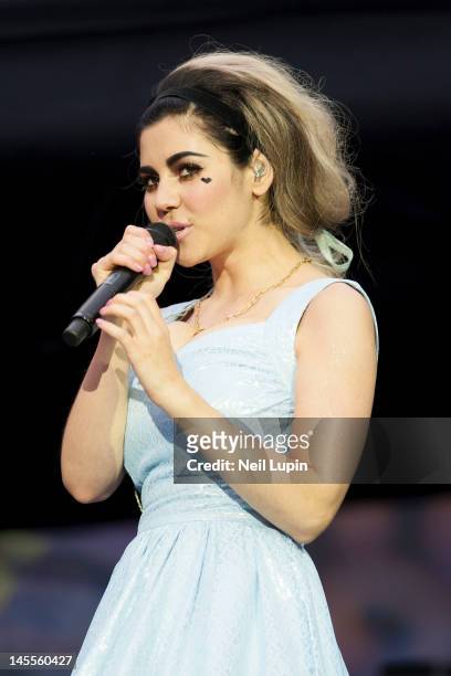 Marina Lambrini Diamandis of Marina and the Diamonds performs on stage supporting Coldplay at Emirates Stadium on June 1, 2012 in London, United...
