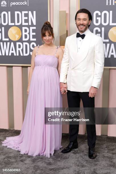 Kaley Cuoco and Tom Pelphrey attend the 80th Annual Golden Globe Awards at The Beverly Hilton on January 10, 2023 in Beverly Hills, California.