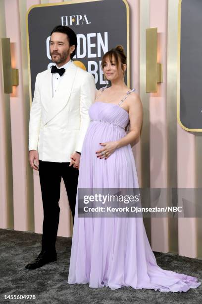 80th Annual GOLDEN GLOBE AWARDS -- Pictured: Tom Pelphrey and Kaley Cuoco arrive to the 80th Annual Golden Globe Awards held at the Beverly Hilton...