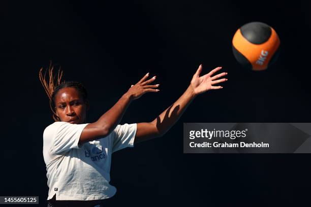 Coco Gauff of the United States trains with a weighted ball during a practice session ahead of the 2023 Australian Open at Melbourne Park on January...