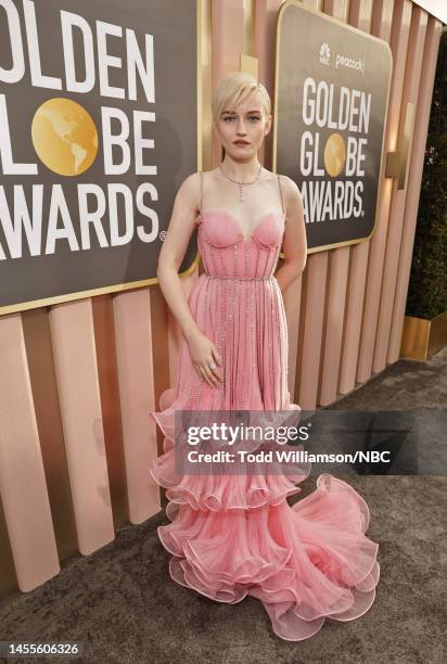 80th Annual GOLDEN GLOBE AWARDS -- Pictured: Julia Garner arrives at the 80th Annual Golden Globe Awards held at the Beverly Hilton Hotel on January...