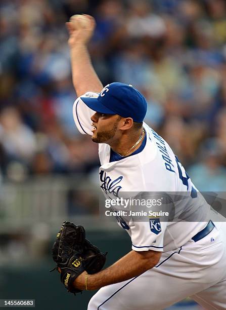 Stating pitcher Felipe Paulino of the Kansas City Royals pitches during the game against the Oakland Athletics on June 1, 2012 at Kauffman Stadium in...