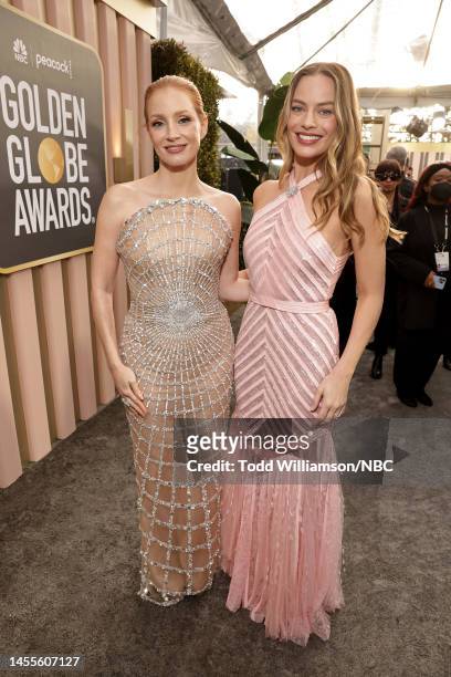 80th Annual GOLDEN GLOBE AWARDS -- Pictured: Jessica Chastain and Margot Robbie arrive at the 80th Annual Golden Globe Awards held at the Beverly...