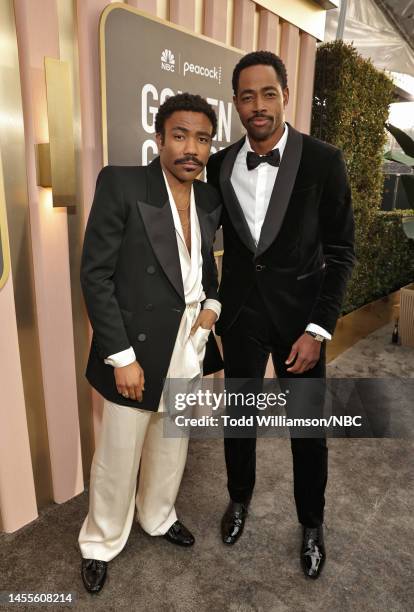 80th Annual GOLDEN GLOBE AWARDS -- Pictured: Donald Glover and Jay Ellis arrive at the 80th Annual Golden Globe Awards held at the Beverly Hilton...