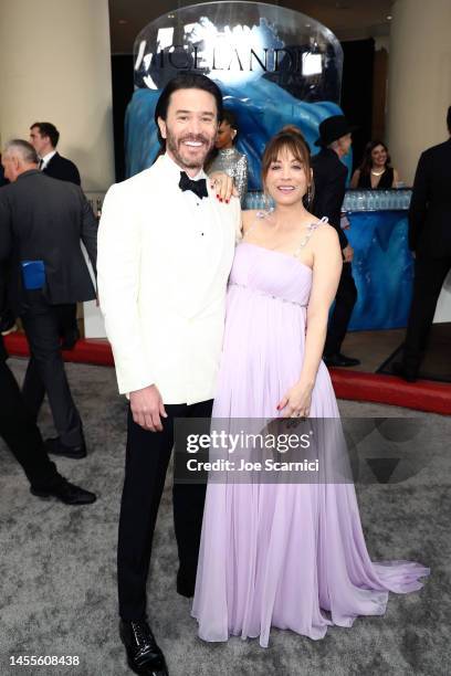 Tom Pelphrey and Kaley Cuoco with Icelandic Glacial at the 80th Annual Golden Globe Awards at The Beverly Hilton on January 10, 2023 in Beverly...