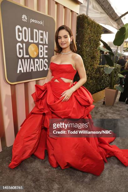 80th Annual GOLDEN GLOBE AWARDS -- Pictured: Lily James arrives at the 80th Annual Golden Globe Awards held at the Beverly Hilton Hotel on January...
