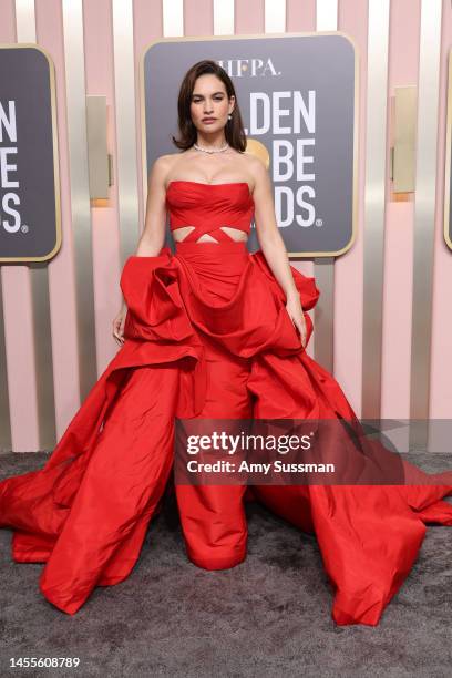 Lily James attends the 80th Annual Golden Globe Awards at The Beverly Hilton on January 10, 2023 in Beverly Hills, California.