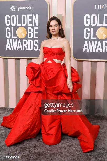 Lily James attends the 80th Annual Golden Globe Awards at The Beverly Hilton on January 10, 2023 in Beverly Hills, California.