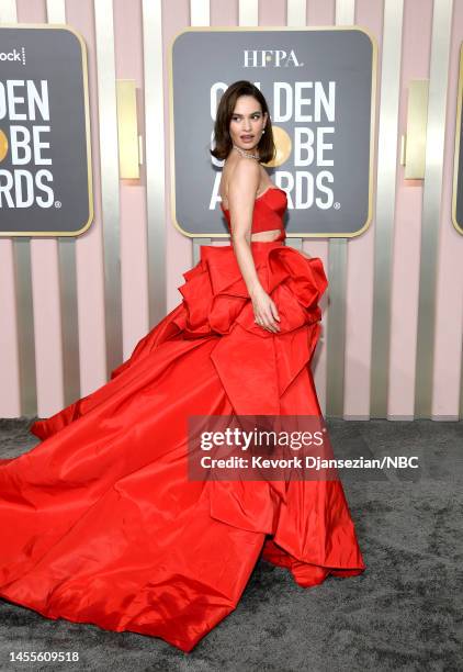 80th Annual GOLDEN GLOBE AWARDS -- Pictured: Lily James arrives to the 80th Annual Golden Globe Awards held at the Beverly Hilton Hotel on January...