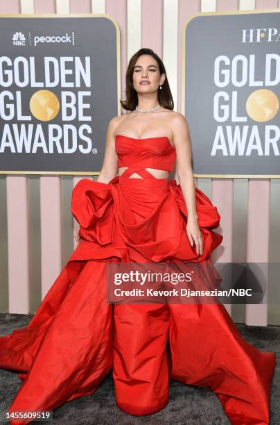 80th Annual GOLDEN GLOBE AWARDS -- Pictured: Lily James arrives to the 80th Annual Golden Globe Awards held at the Beverly Hilton Hotel on January...