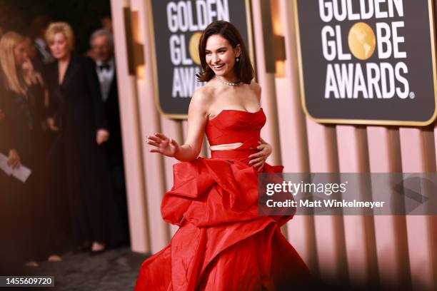 Lily James attends the 80th Annual Golden Globe Awards at The Beverly Hilton on January 10, 2023 in Beverly Hills, California.